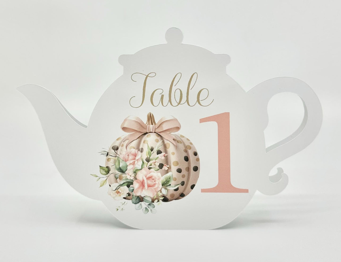 October Rose Pumpkin with Pink Bow and Roses Teapot Table Assignment Signs by Paper Fascinator for Bridal Baby Shower Birthday Events