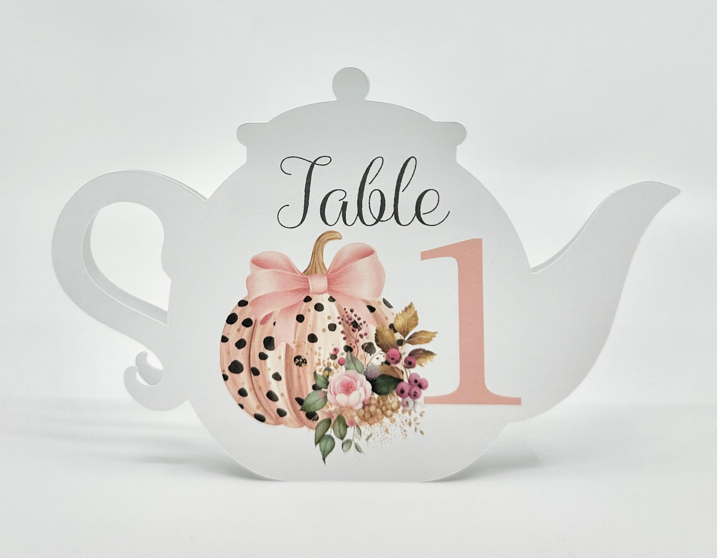 Halloween Pumpkin with Pink Bow and Rose Teapot Table Assignment Signs by Paper Fascinator for Bridal Baby Shower Birthday Events