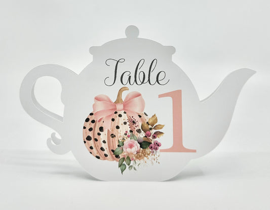 Halloween Pumpkin with Pink Bow and Rose Teapot Table Assignment Signs by Paper Fascinator for Bridal Baby Shower Birthday Events