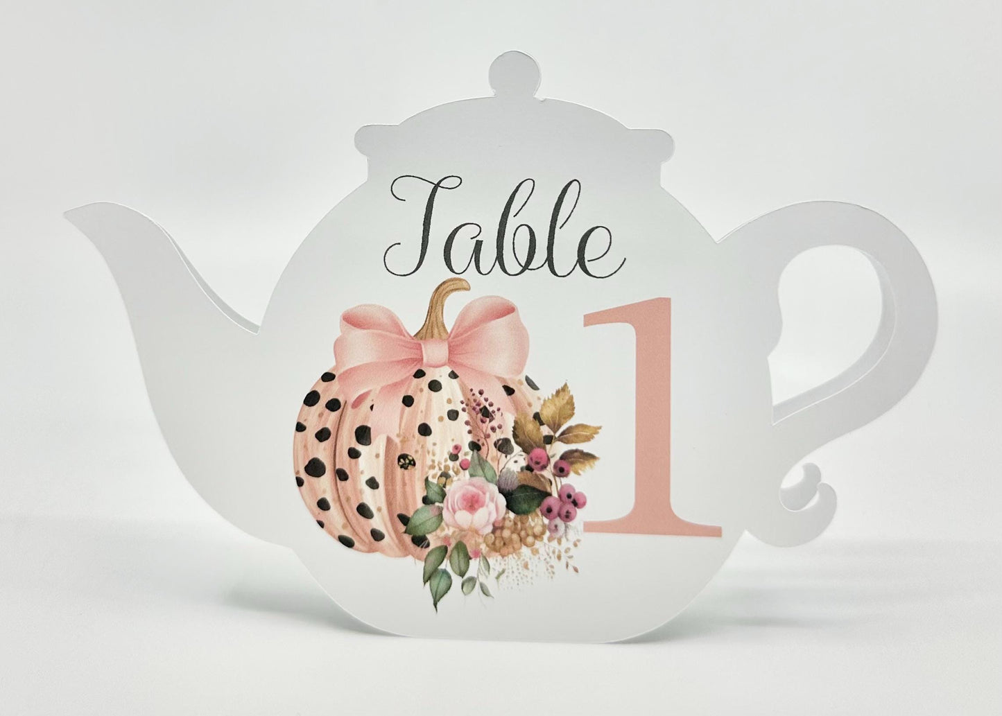 Halloween Pumpkin with Pink Bow and Rose Teapot Table Assignment Signs by Paper Fascinator for Bridal Baby Shower Birthday Events