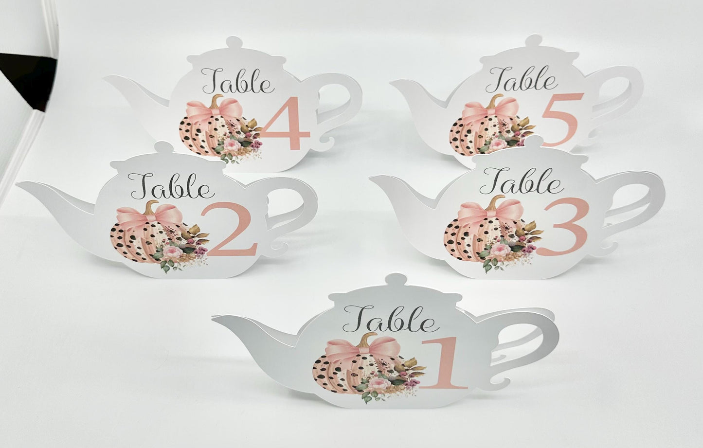Halloween Pumpkin with Pink Bow and Rose Teapot Table Assignment Signs by Paper Fascinator for Bridal Baby Shower Birthday Events