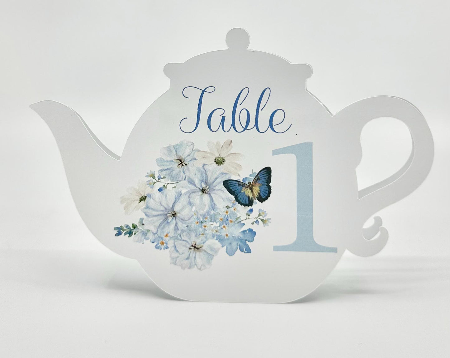 Blue Chiffon Bouquet with Butterfly Teapot Table Assignment Signs by Paper Fascinator for Bridal Baby Shower Birthday Events