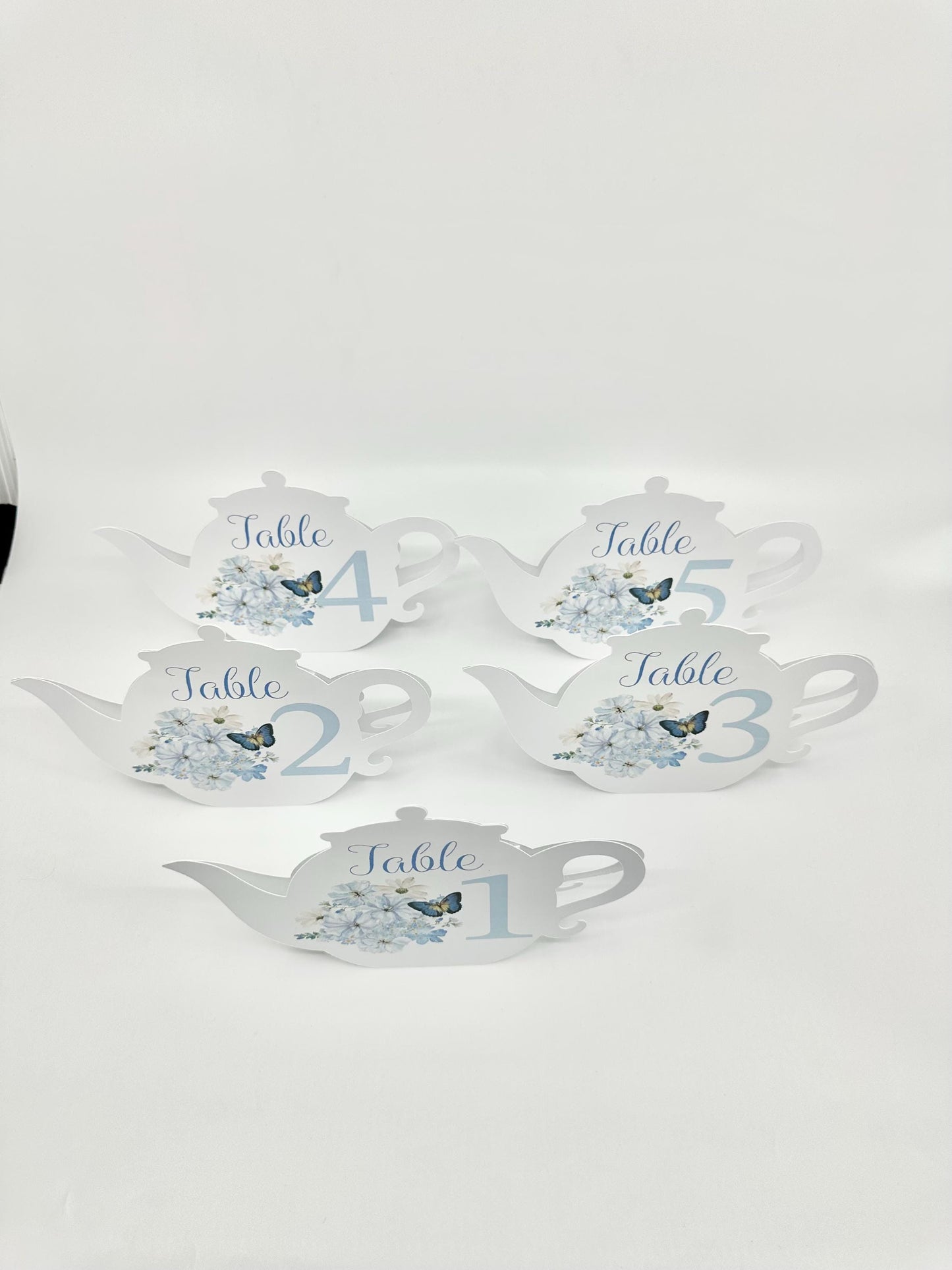 Blue Chiffon Bouquet with Butterfly Teapot Table Assignment Signs by Paper Fascinator for Bridal Baby Shower Birthday Events