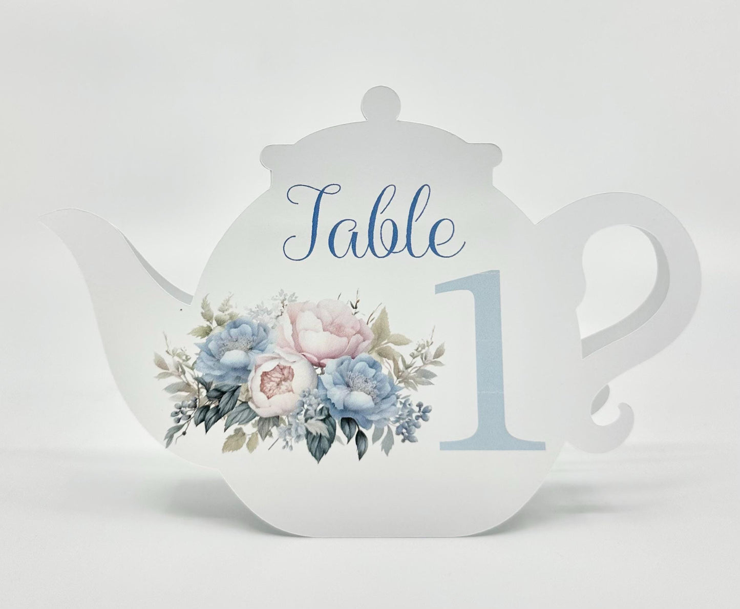 Blue Pink and Cream Victorian Bouquet Teapot Table Assignment Signs by Paper Fascinator for Bridal Baby Shower Birthday Events