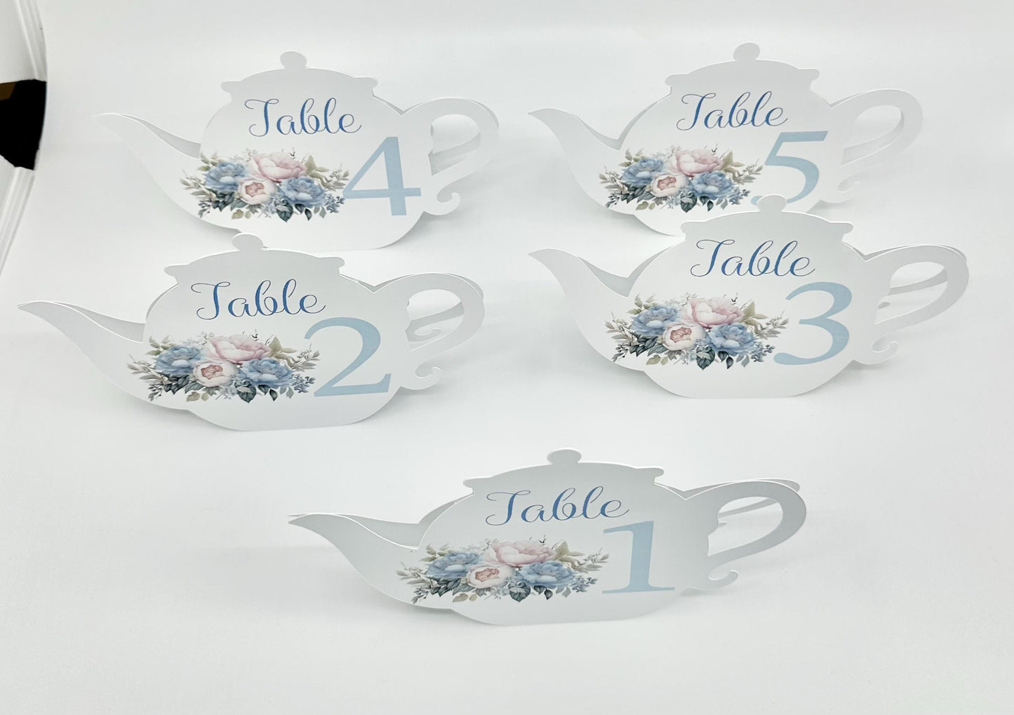 Blue Pink and Cream Victorian Bouquet Teapot Table Assignment Signs by Paper Fascinator for Bridal Baby Shower Birthday Events