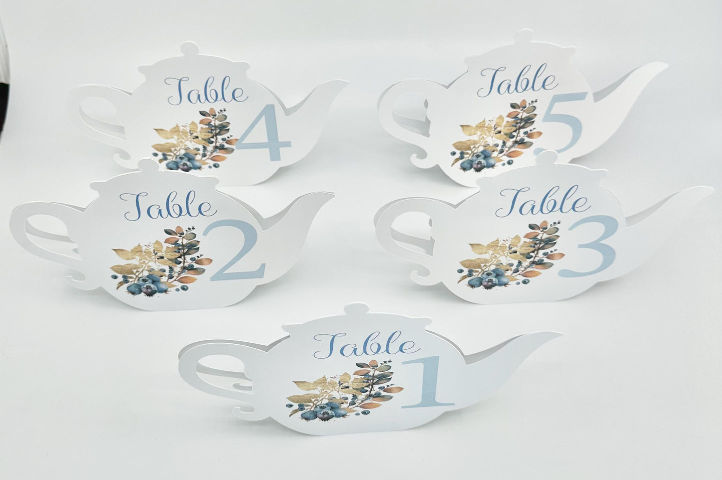 Blueberry Teapot Table Assignment Signs by Paper Fascinator for Bridal Baby Shower Birthday Events