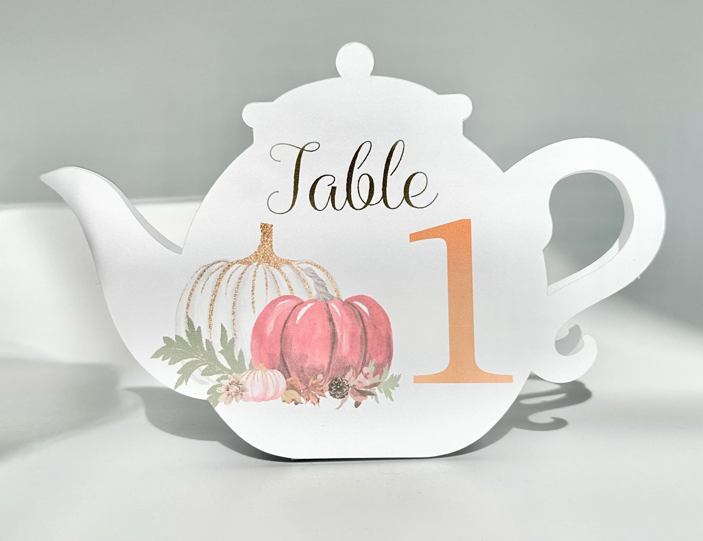 White Pumpkin Autumn Fall Teapot Table Assignment Signs by Paper Fascinator for Bridal Baby Shower Birthday Special Events