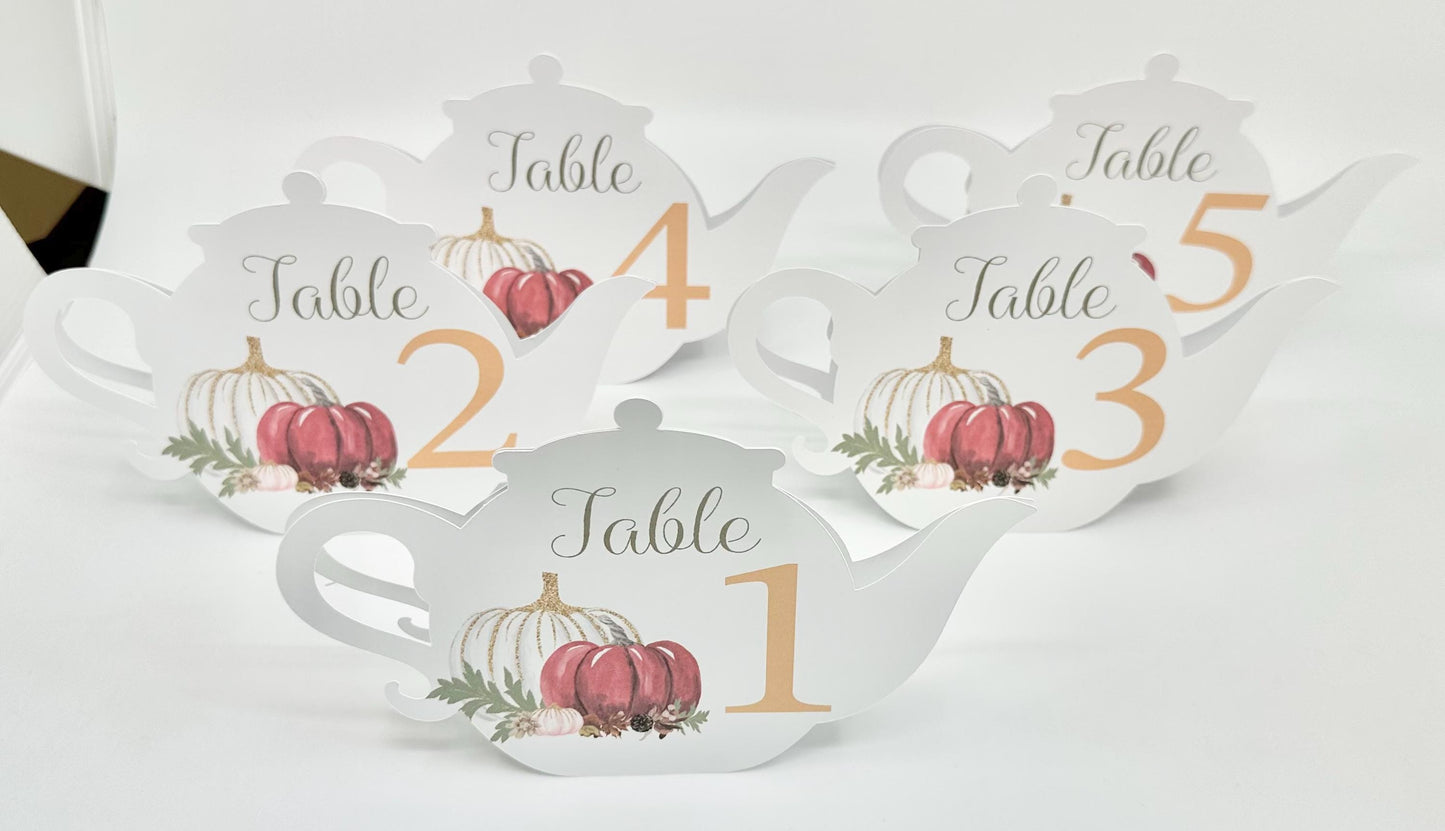 White Pumpkin Autumn Fall Teapot Table Assignment Signs by Paper Fascinator for Bridal Baby Shower Birthday Special Events