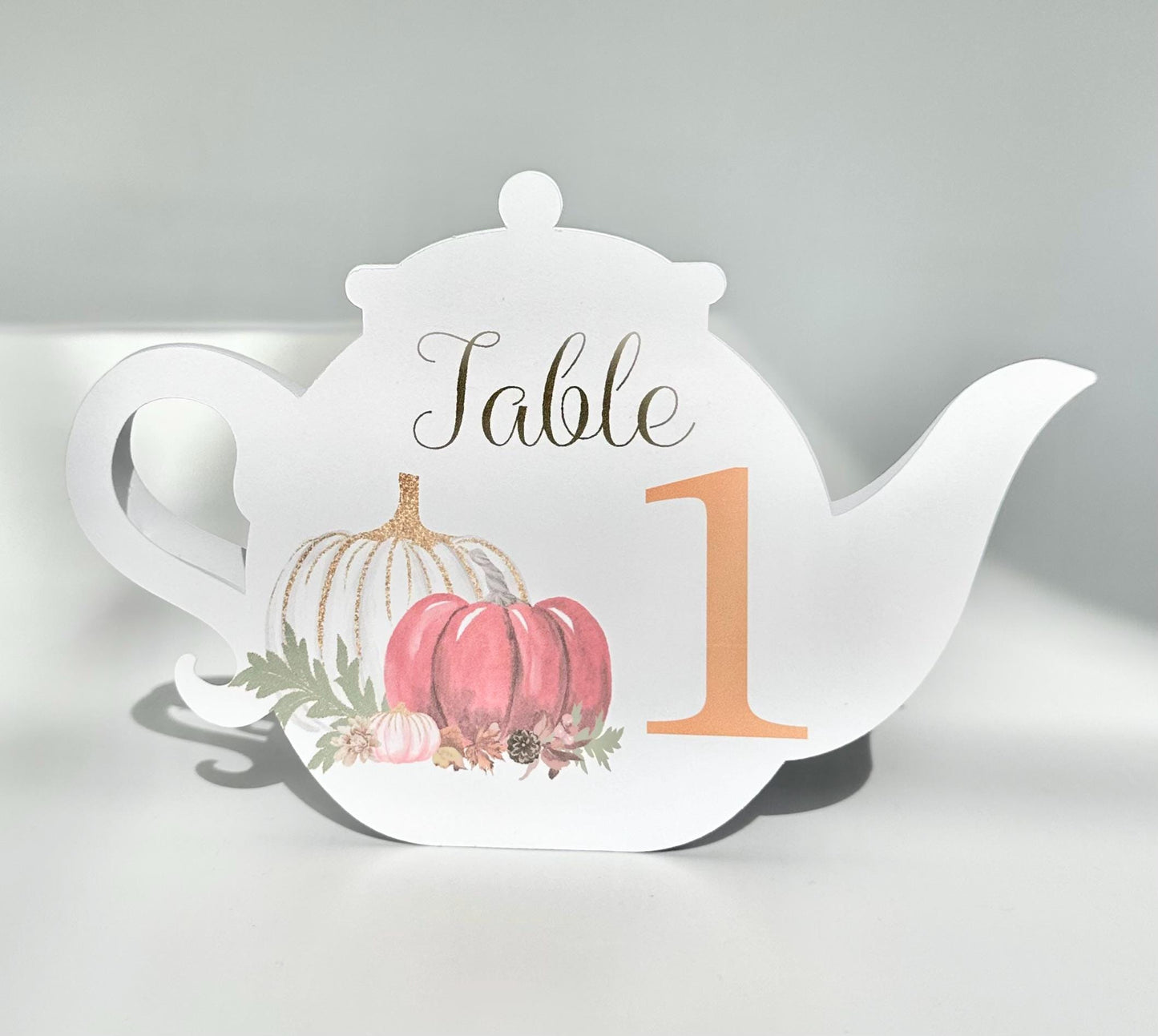 White Pumpkin Autumn Fall Teapot Table Assignment Signs by Paper Fascinator for Bridal Baby Shower Birthday Special Events