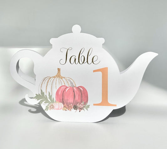 White Pumpkin Autumn Fall Teapot Table Assignment Signs by Paper Fascinator for Bridal Baby Shower Birthday Special Events