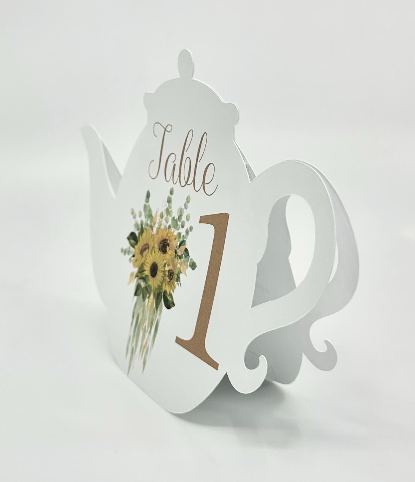 Sunflowers and Eucalyptus Flower Bouquet Teapot Table Assignment Signs by Paper Fascinator for Bridal Baby Shower Birthday Events