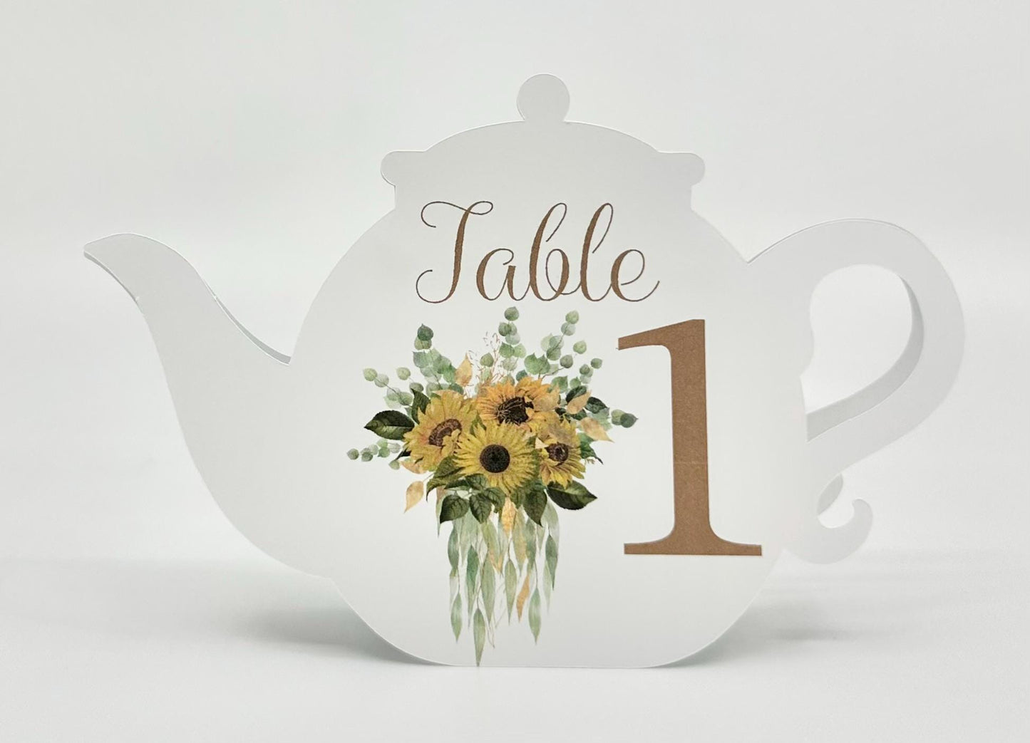 Sunflowers and Eucalyptus Flower Bouquet Teapot Table Assignment Signs by Paper Fascinator for Bridal Baby Shower Birthday Events