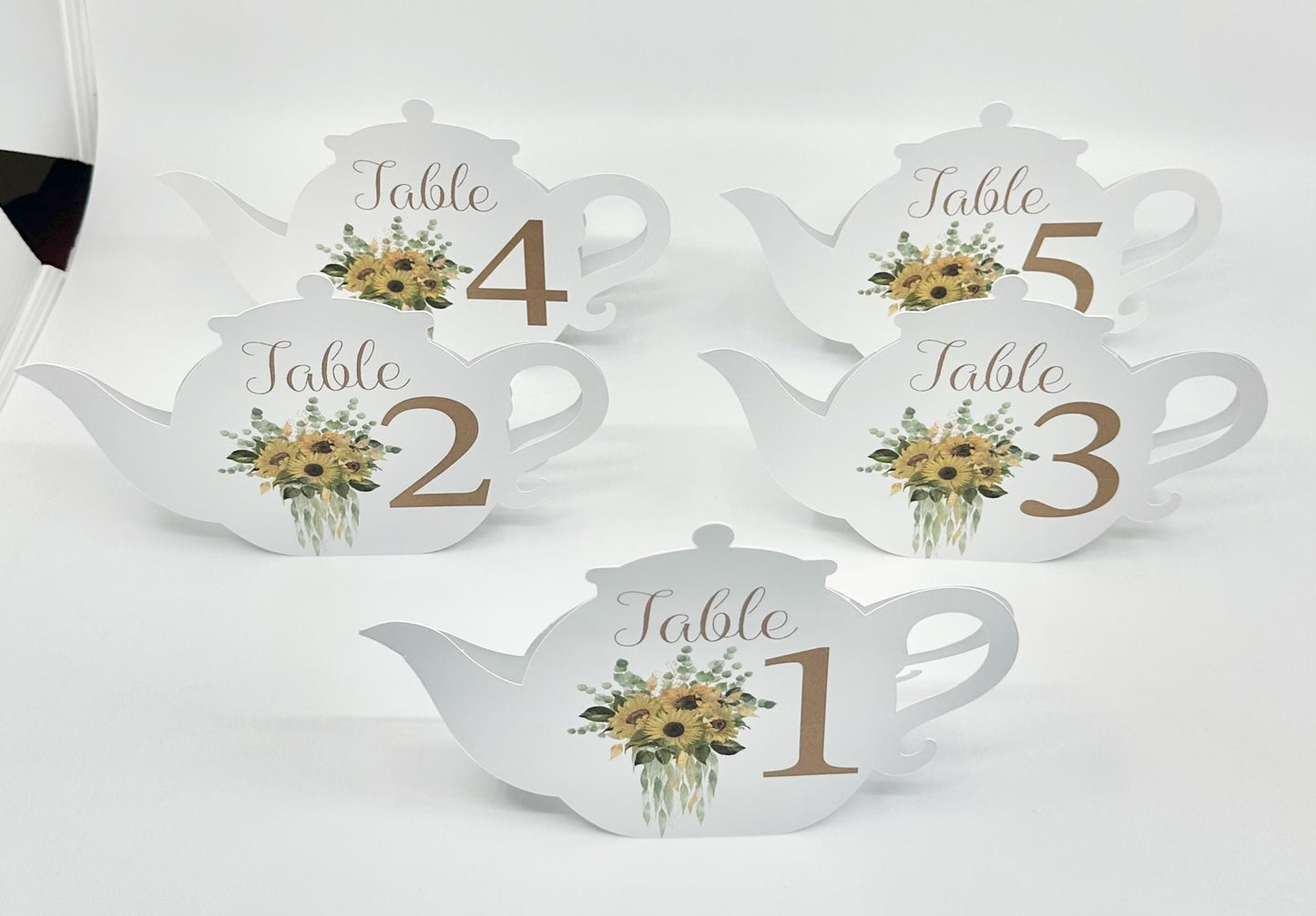 Sunflowers and Eucalyptus Flower Bouquet Teapot Table Assignment Signs by Paper Fascinator for Bridal Baby Shower Birthday Events