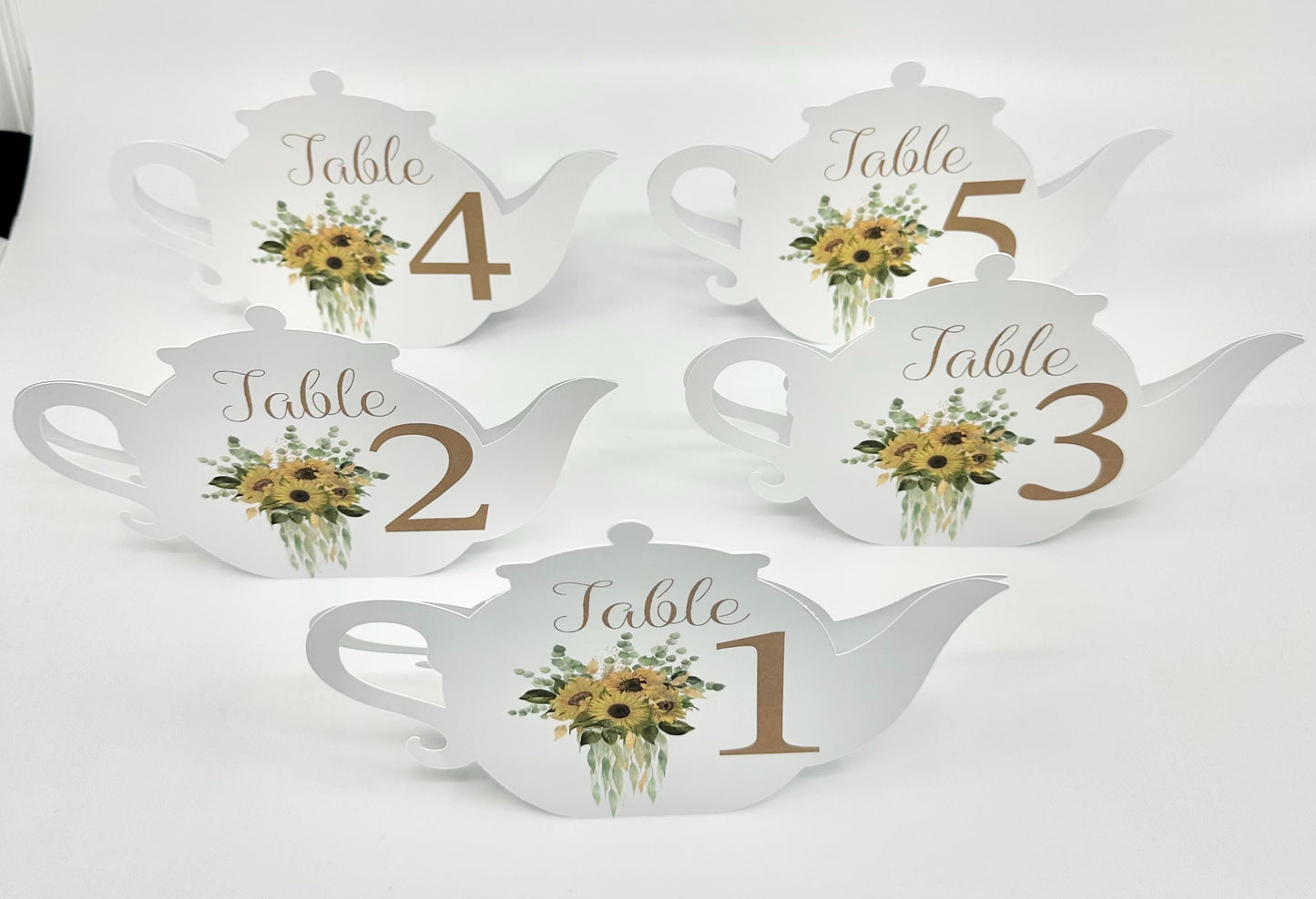 Sunflowers and Eucalyptus Flower Bouquet Teapot Table Assignment Signs by Paper Fascinator for Bridal Baby Shower Birthday Events