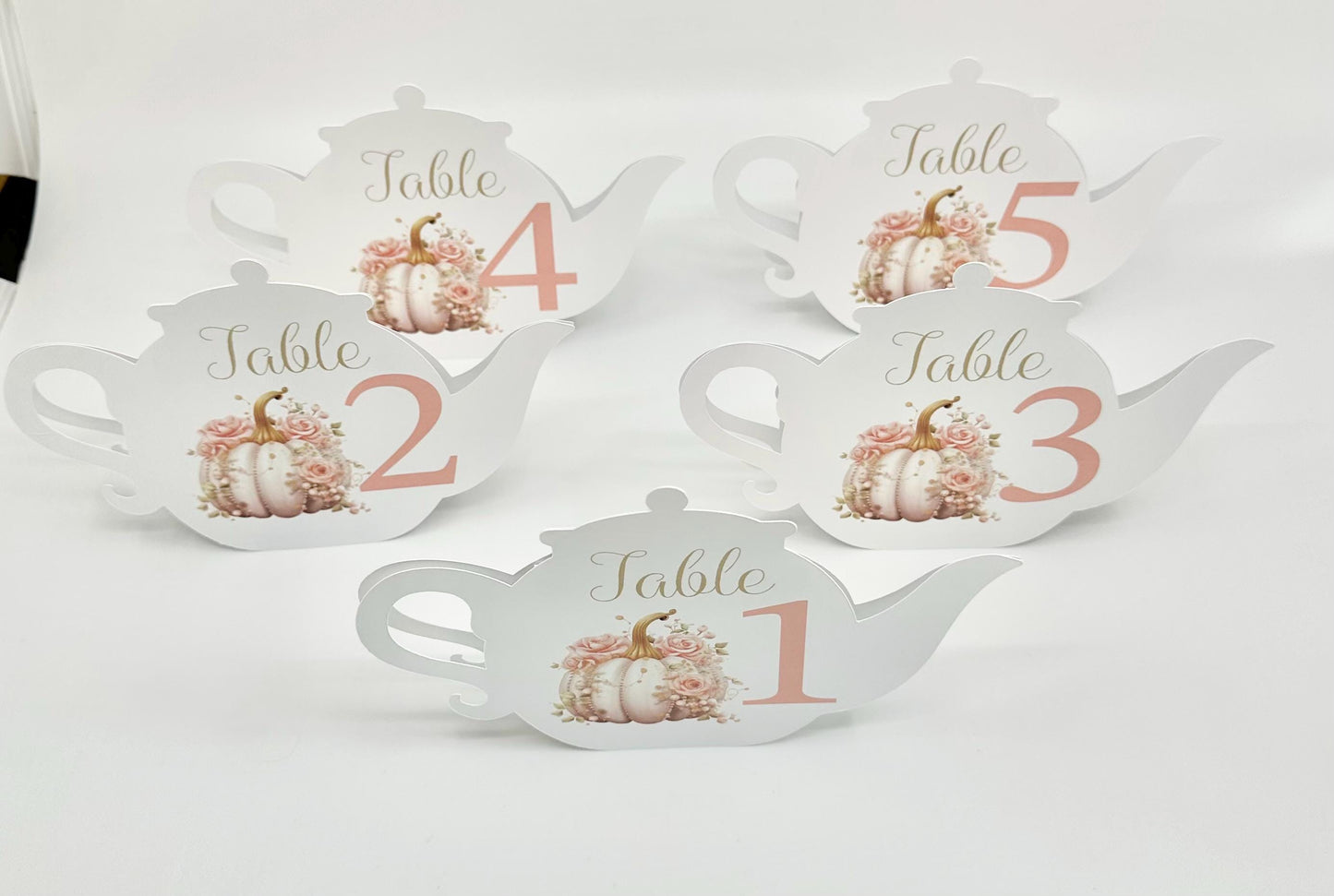 White Pumpkin with Pearls & Pink Roses Tea Party Ensemble Teapot Table Assignment Signs by Paper Fascinator for Bridal Baby Shower Birthday