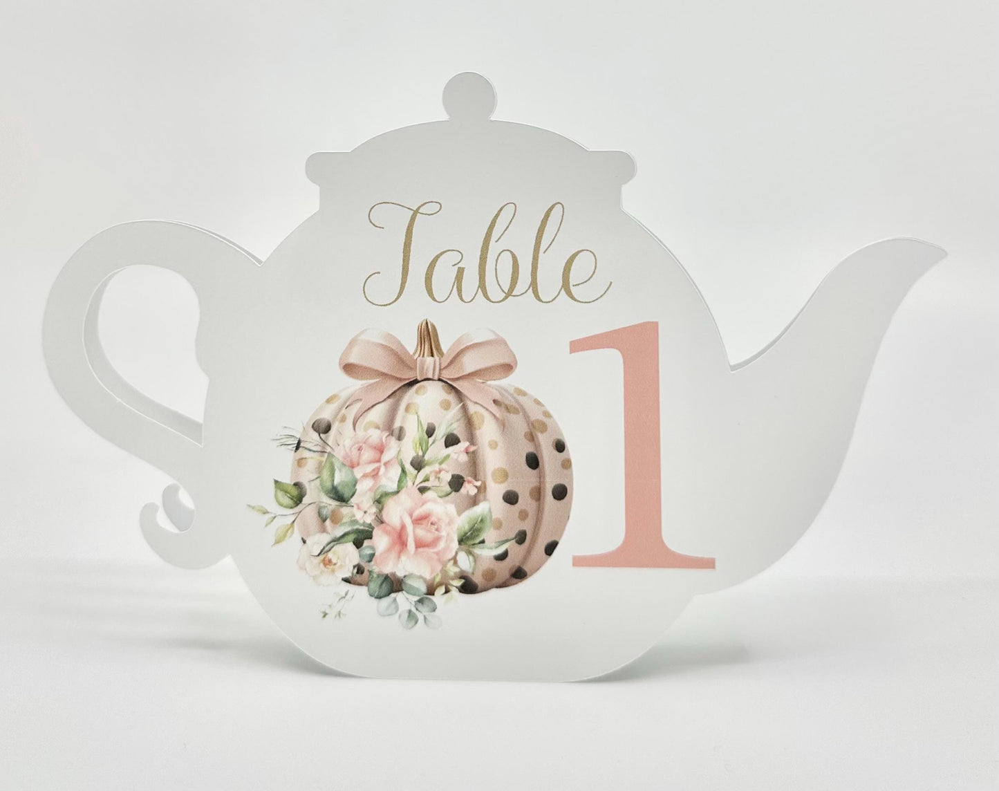 October Rose Pumpkin with Pink Bow and Roses Teapot Table Assignment Signs by Paper Fascinator for Bridal Baby Shower Birthday Events
