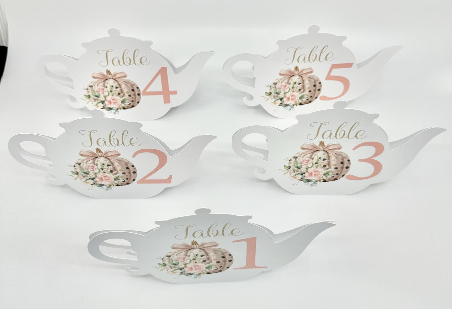 October Rose Pumpkin with Pink Bow and Roses Teapot Table Assignment Signs by Paper Fascinator for Bridal Baby Shower Birthday Events