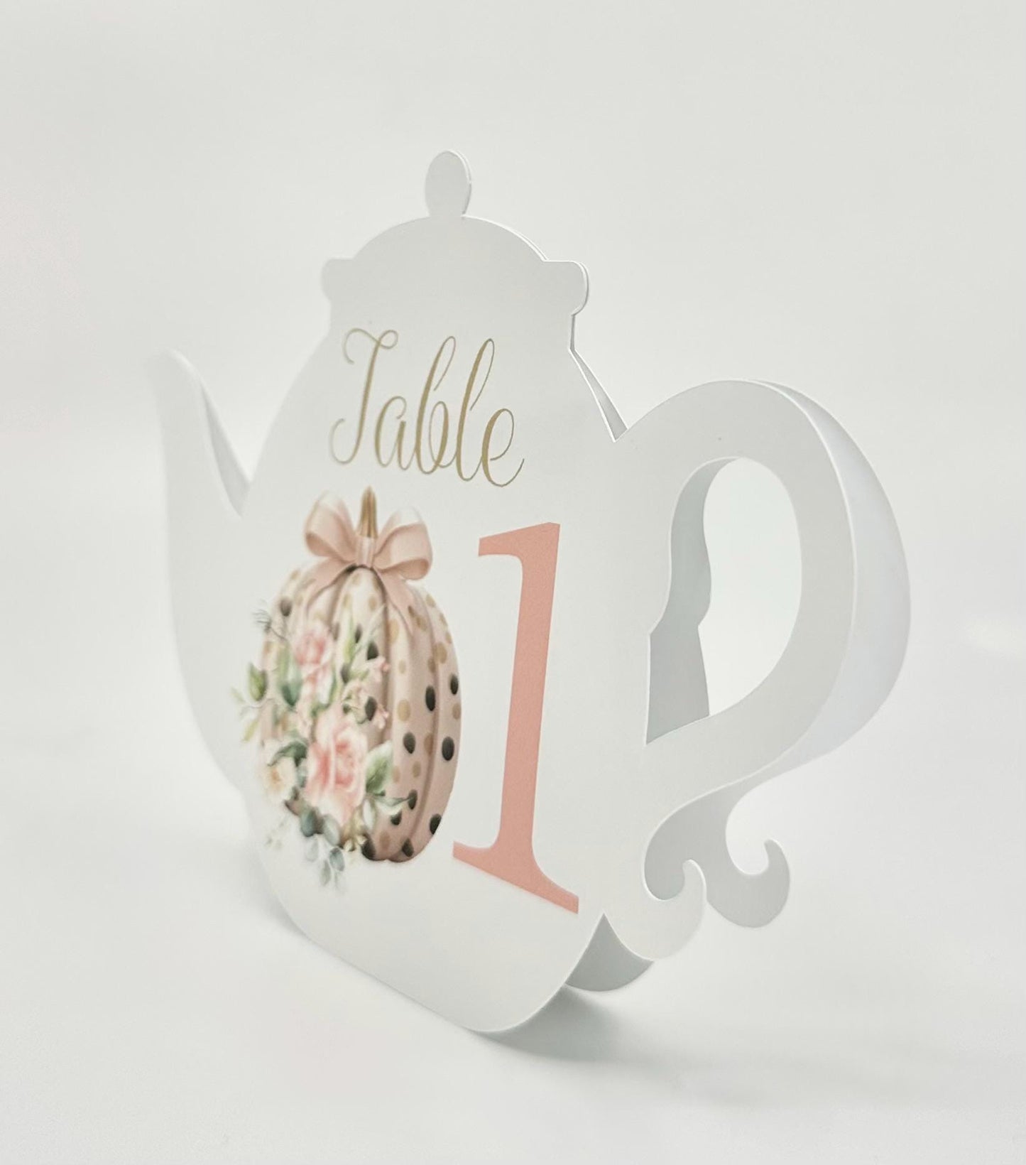 October Rose Pumpkin with Pink Bow and Roses Teapot Table Assignment Signs by Paper Fascinator for Bridal Baby Shower Birthday Events