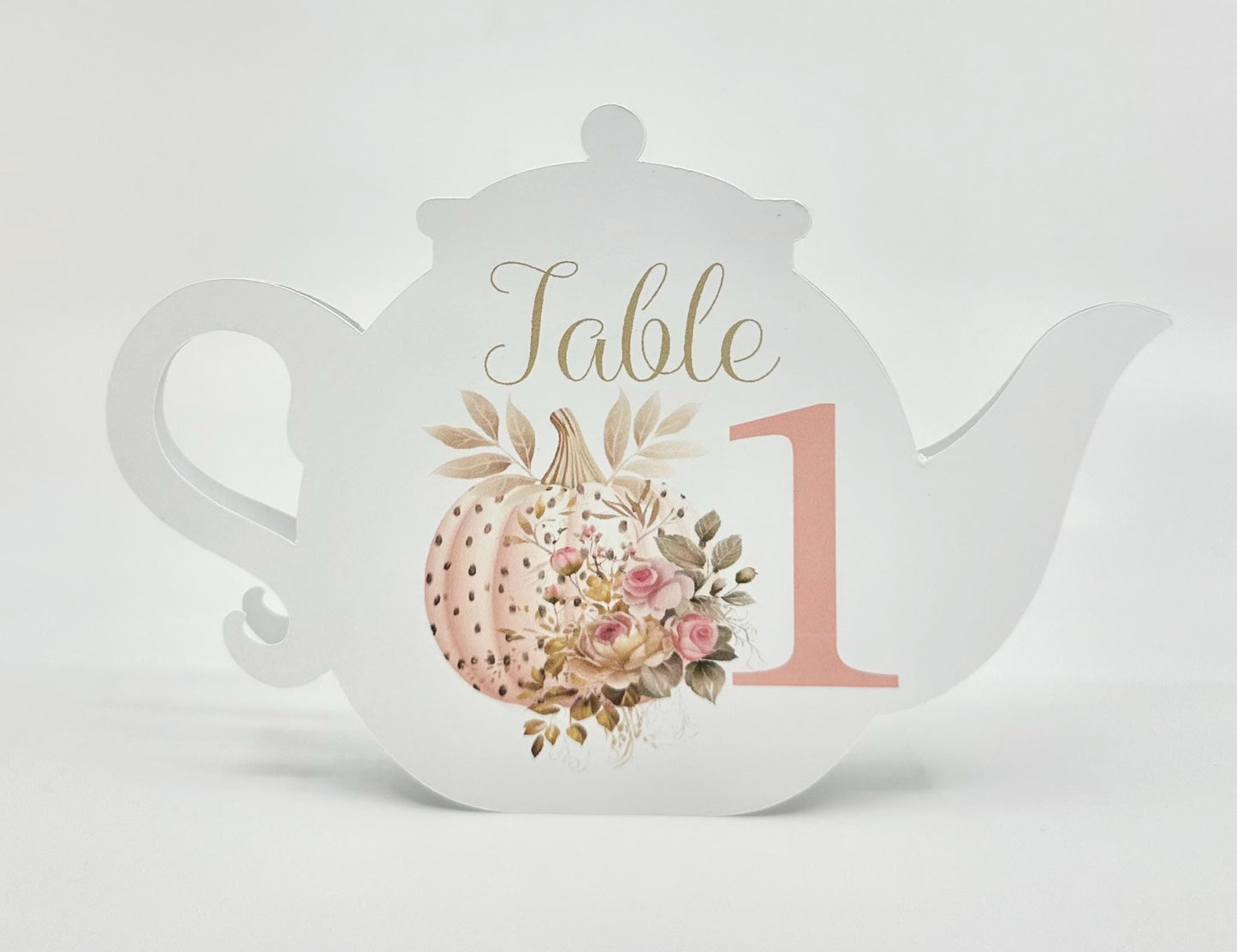 Rose Gold Pumpkin with Pink Roses Teapot Table Assignment Signs by Paper Fascinator for Bridal Baby Shower Birthday Events