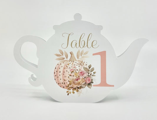 Rose Gold Pumpkin with Pink Roses Teapot Table Assignment Signs by Paper Fascinator for Bridal Baby Shower Birthday Events