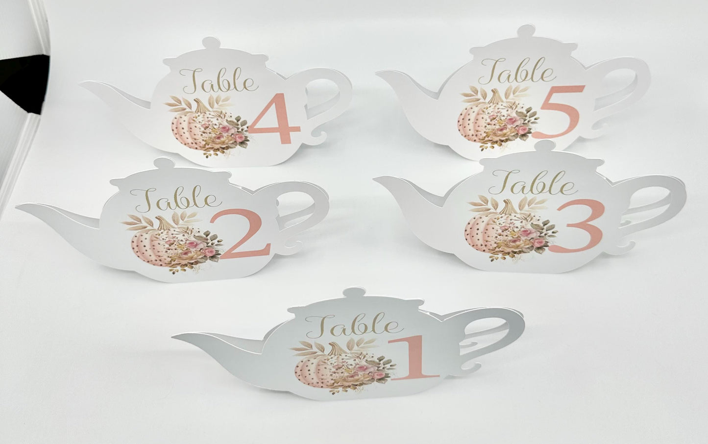 Rose Gold Pumpkin with Pink Roses Teapot Table Assignment Signs by Paper Fascinator for Bridal Baby Shower Birthday Events