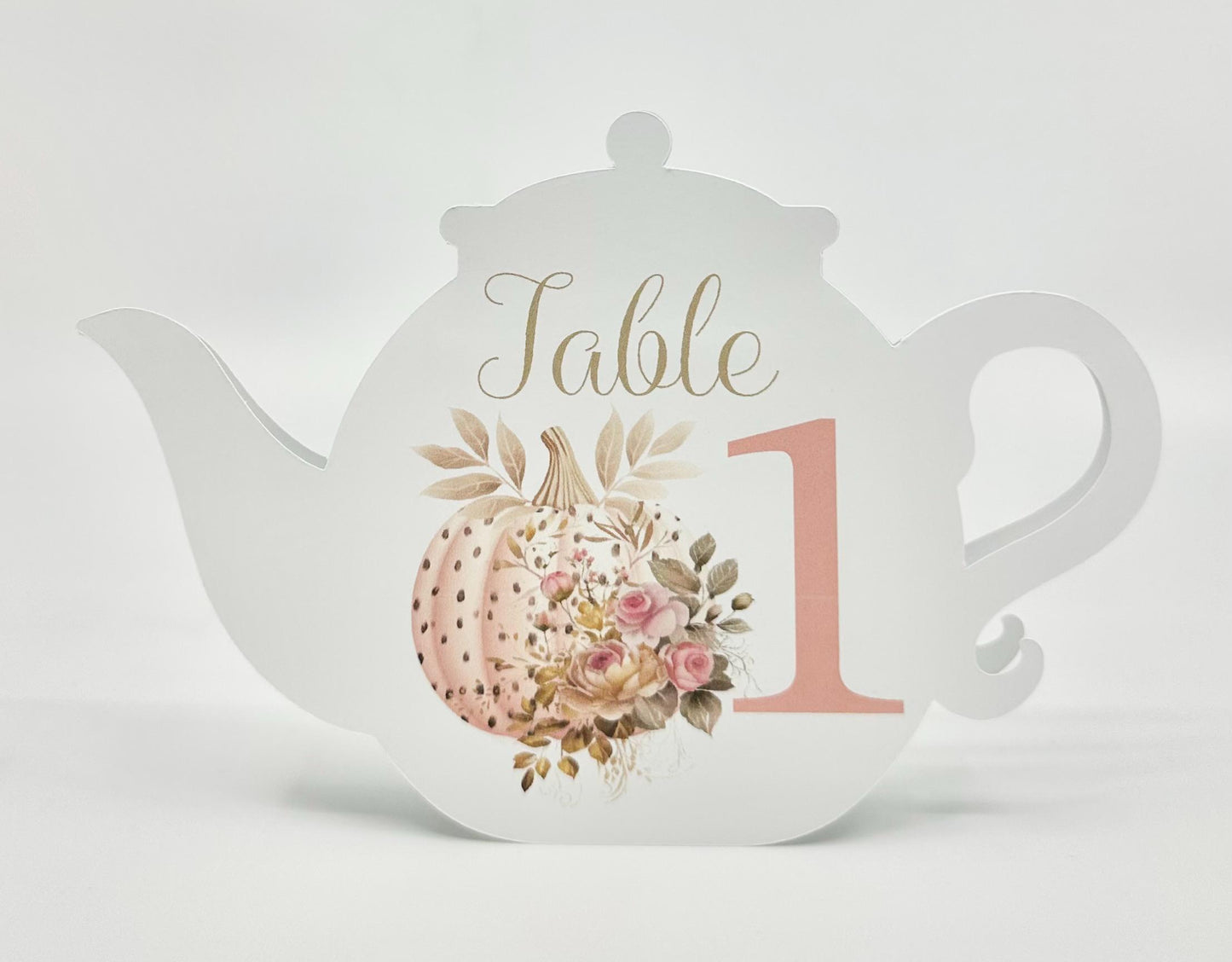 Rose Gold Pumpkin with Pink Roses Teapot Table Assignment Signs by Paper Fascinator for Bridal Baby Shower Birthday Events