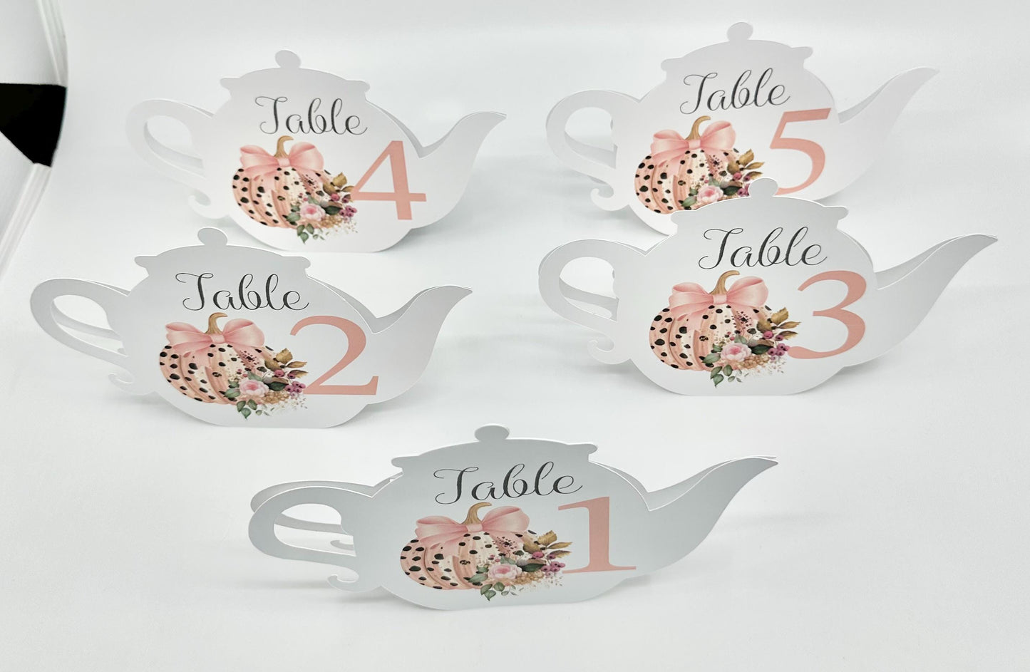 Halloween Pumpkin with Pink Bow and Rose Teapot Table Assignment Signs by Paper Fascinator for Bridal Baby Shower Birthday Events