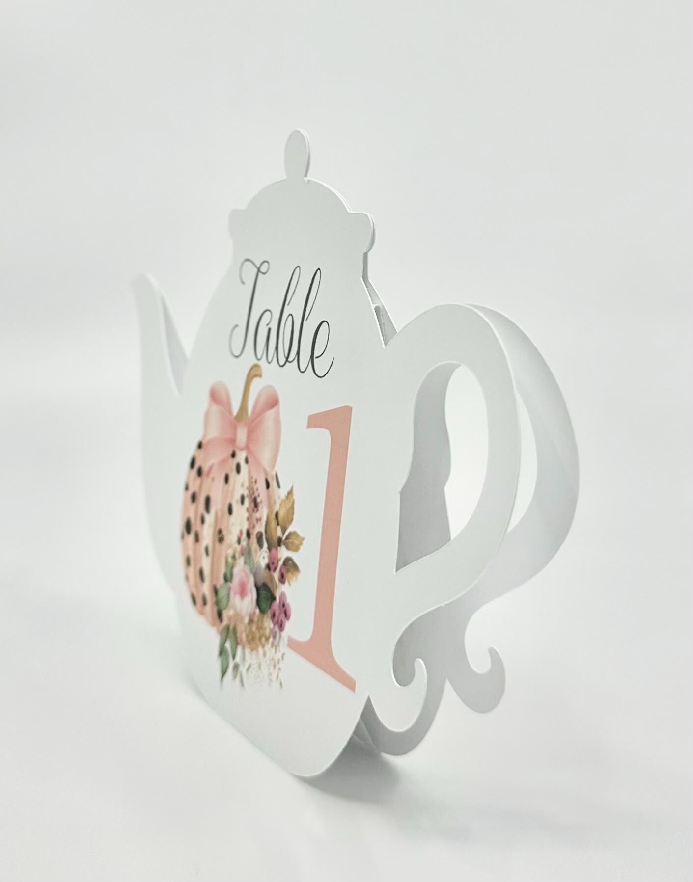 Halloween Pumpkin with Pink Bow and Rose Teapot Table Assignment Signs by Paper Fascinator for Bridal Baby Shower Birthday Events