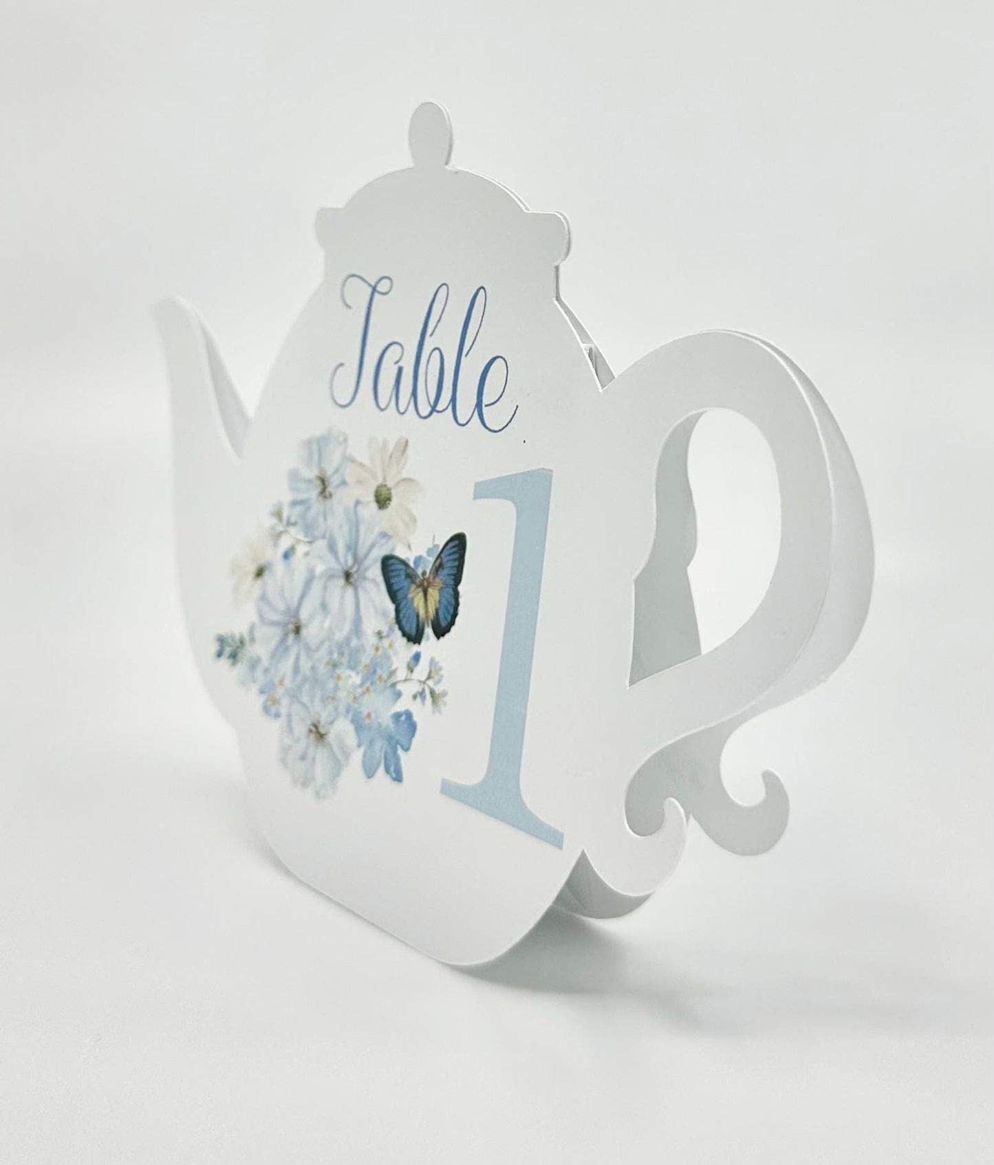 Blue Chiffon Bouquet with Butterfly Teapot Table Assignment Signs by Paper Fascinator for Bridal Baby Shower Birthday Events