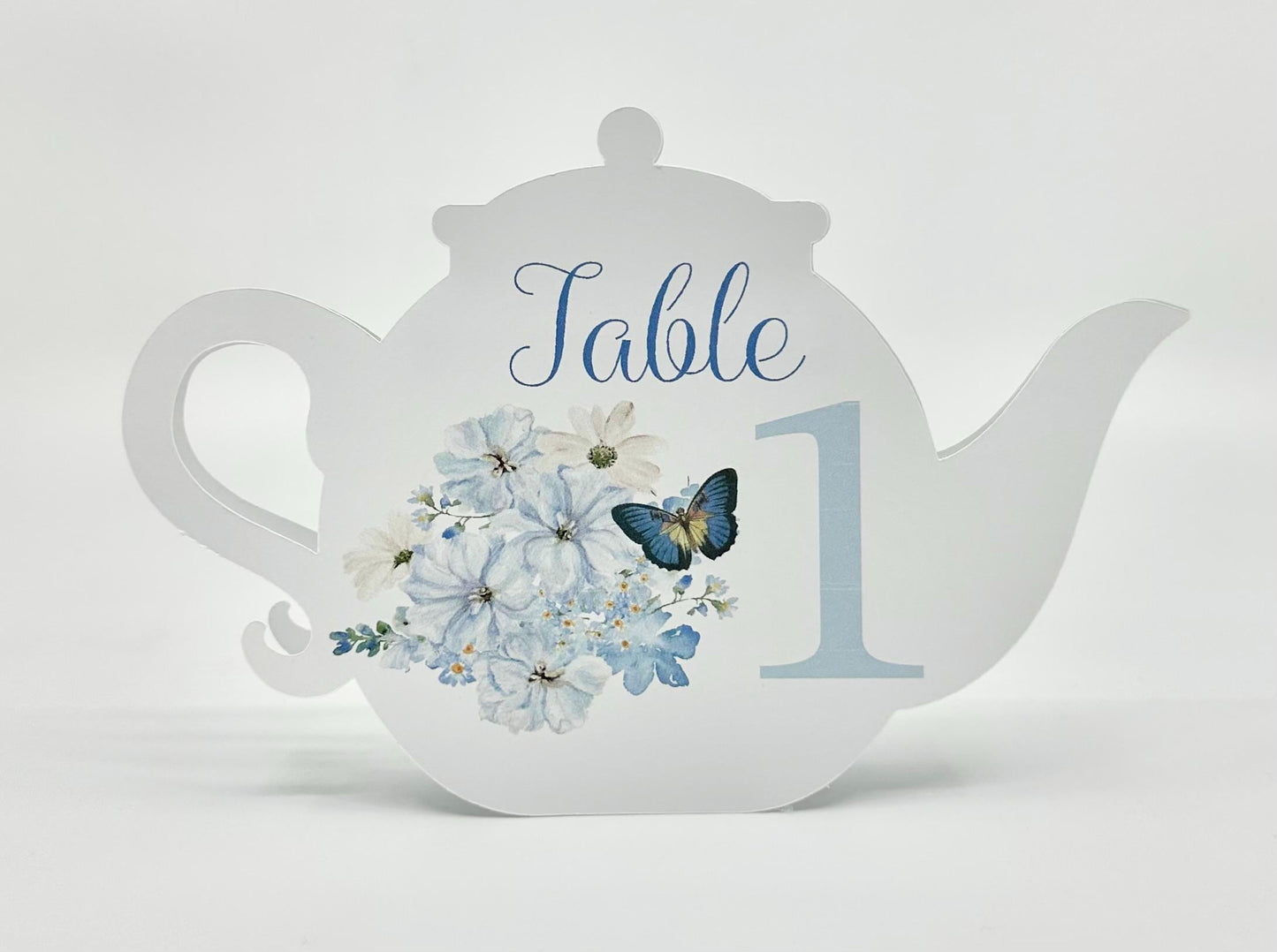 Blue Chiffon Bouquet with Butterfly Teapot Table Assignment Signs by Paper Fascinator for Bridal Baby Shower Birthday Events
