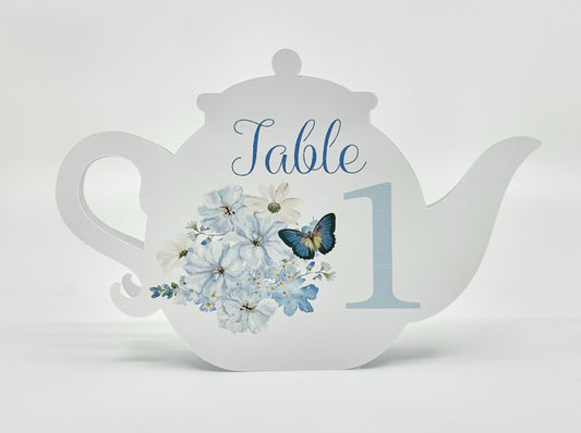 Blue Chiffon Bouquet with Butterfly Teapot Table Assignment Signs by Paper Fascinator for Bridal Baby Shower Birthday Events