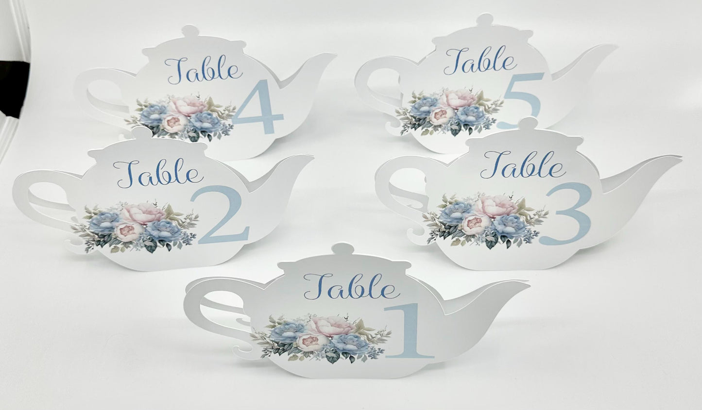 Blue Pink and Cream Victorian Bouquet Teapot Table Assignment Signs by Paper Fascinator for Bridal Baby Shower Birthday Events