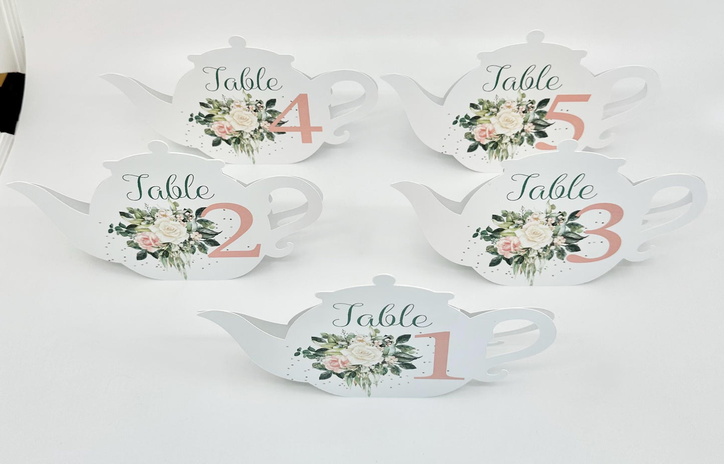 Sage Green Blush and Cream Bouquet Teapot Table Assignment Signs by Paper Fascinator for Bridal Baby Shower Birthday Events