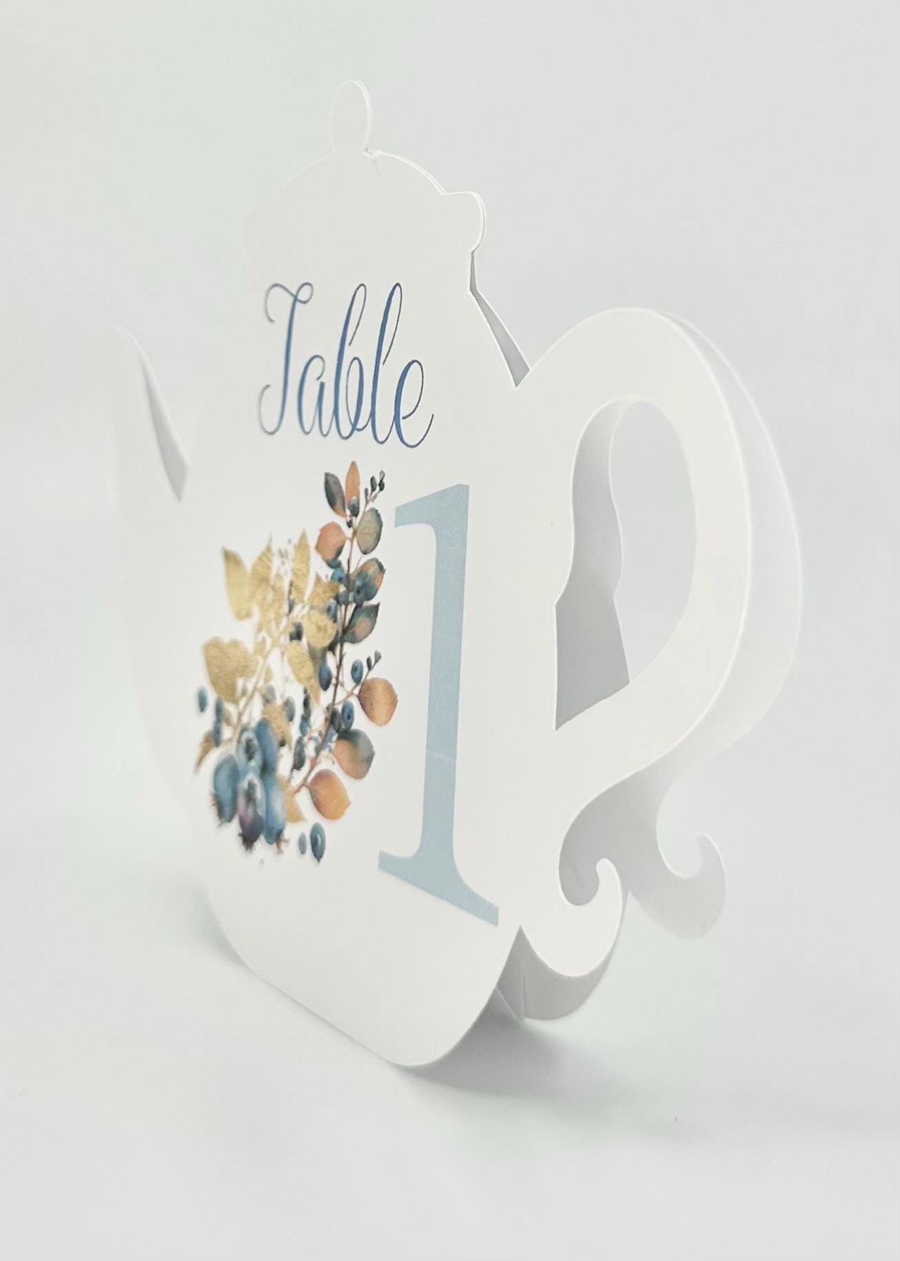 Blueberry Teapot Table Assignment Signs by Paper Fascinator for Bridal Baby Shower Birthday Events