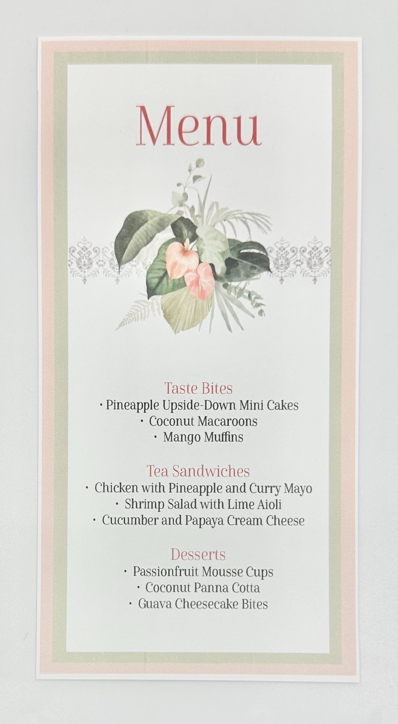 Balmy Tropics Tea Party Kit Ensemble Invitation Menu Favor Box & Bag Place Cards Table Sign for Wedding Bridal Baby Shower