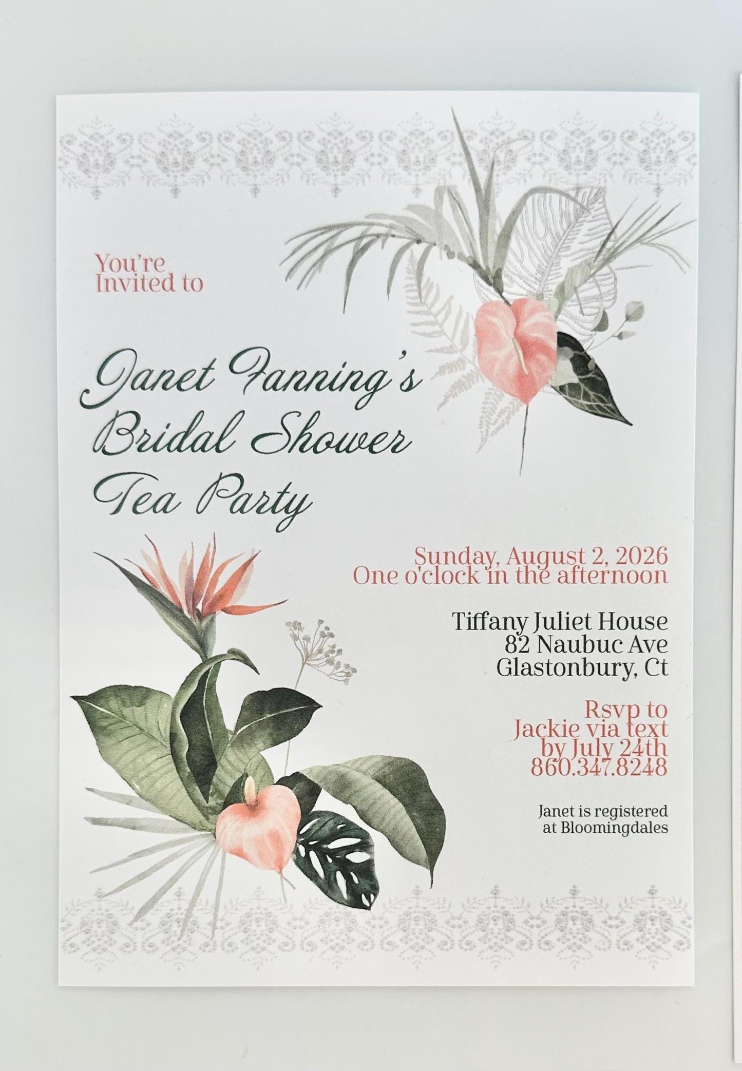 Balmy Tropics Tea Party Kit Ensemble Invitation Menu Favor Box & Bag Place Cards Table Sign for Wedding Bridal Baby Shower