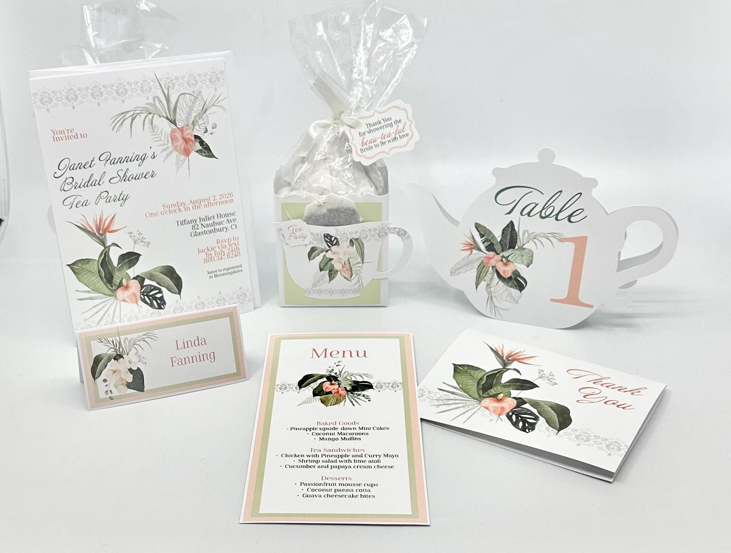 Balmy Tropics Tea Party Kit Ensemble Invitation Menu Favor Box & Bag Place Cards Table Sign for Wedding Bridal Baby Shower
