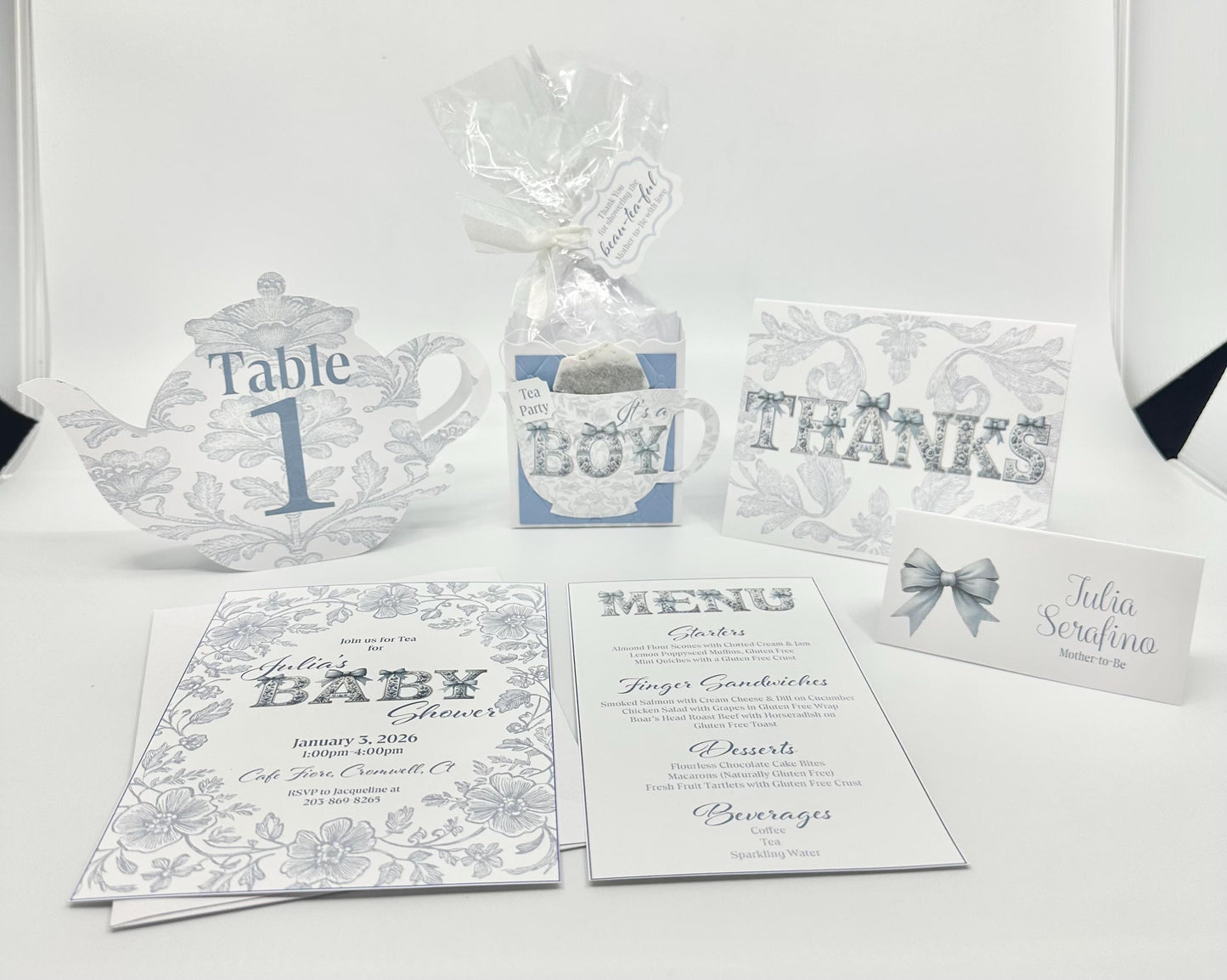 Blue Bow Place Cards: Tea Party, Baby Shower, Birthday