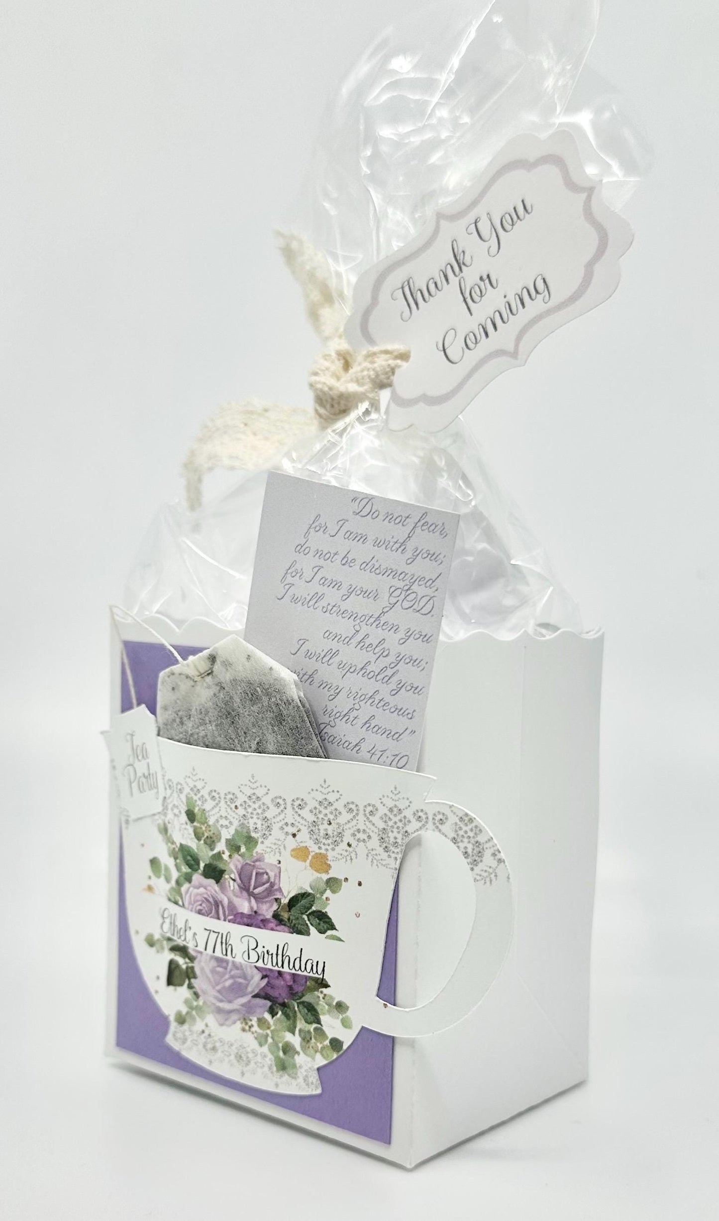 Personalized Tea Party Favor, Purple Rose Bouquet & Bible Quote