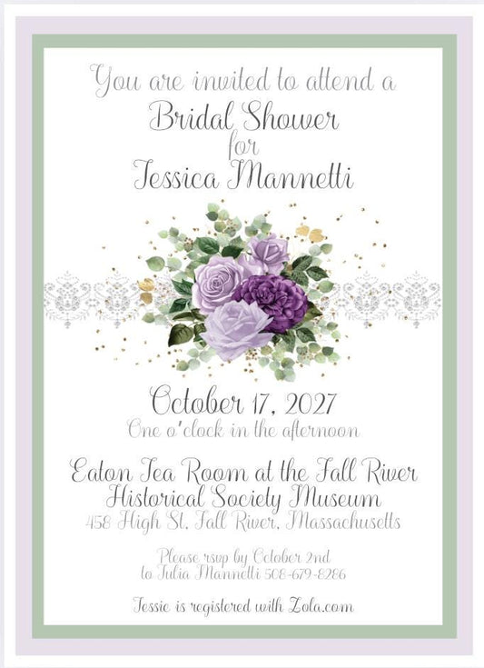 Purple Rose Tea Party Invitation, Bridal Shower (Digital)