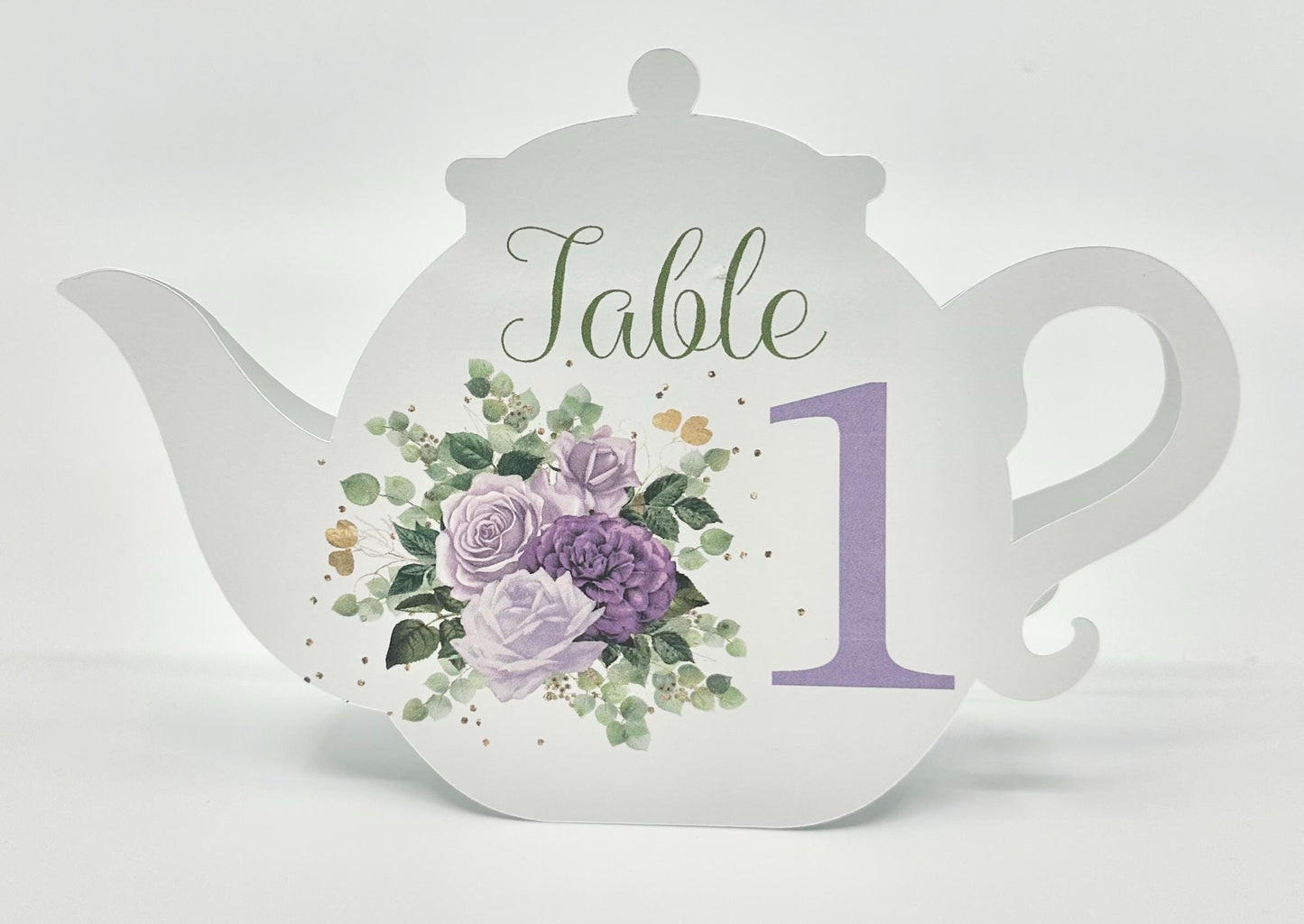Table Sign Assignment Teapot for Bridal Baby Shower Birthday Events Purple Rose Sage Eucalyptus