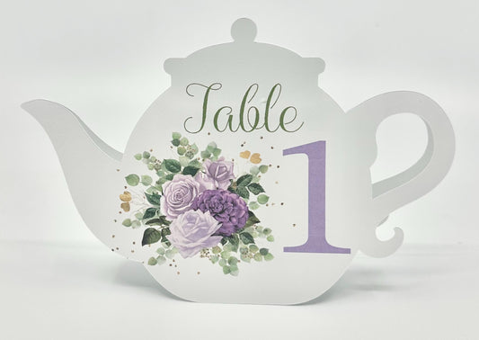 Table Sign Assignment Teapot for Bridal Baby Shower Birthday Events Purple Rose Sage Eucalyptus