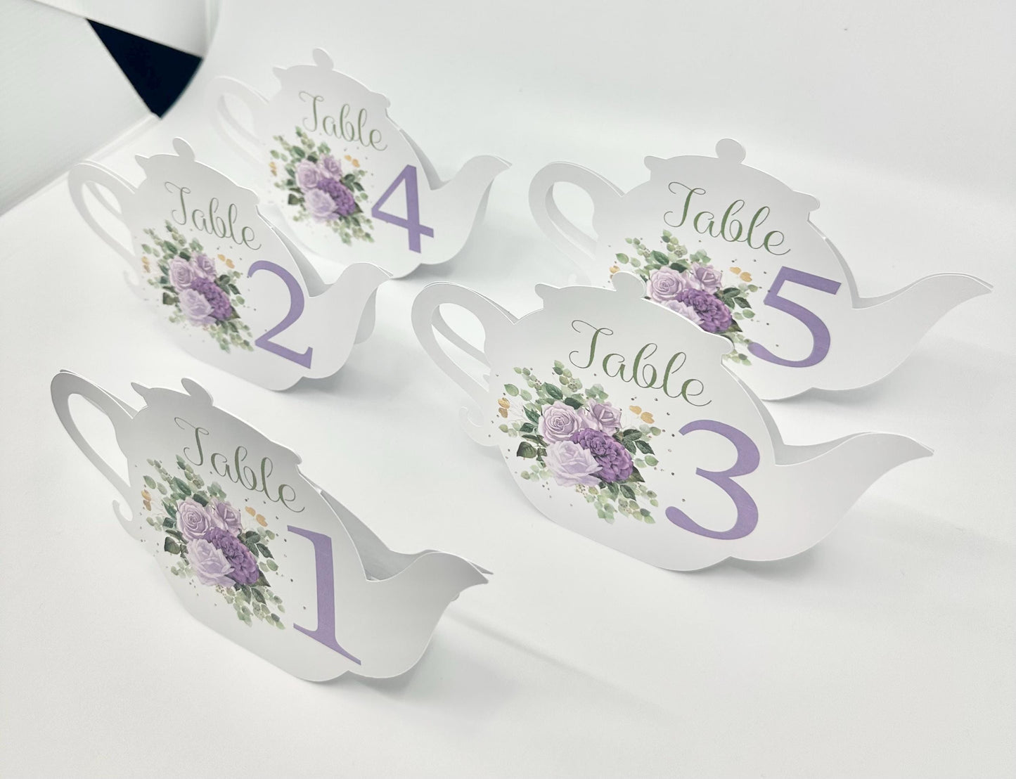 Table Sign Assignment Teapot for Bridal Baby Shower Birthday Events Purple Rose Sage Eucalyptus