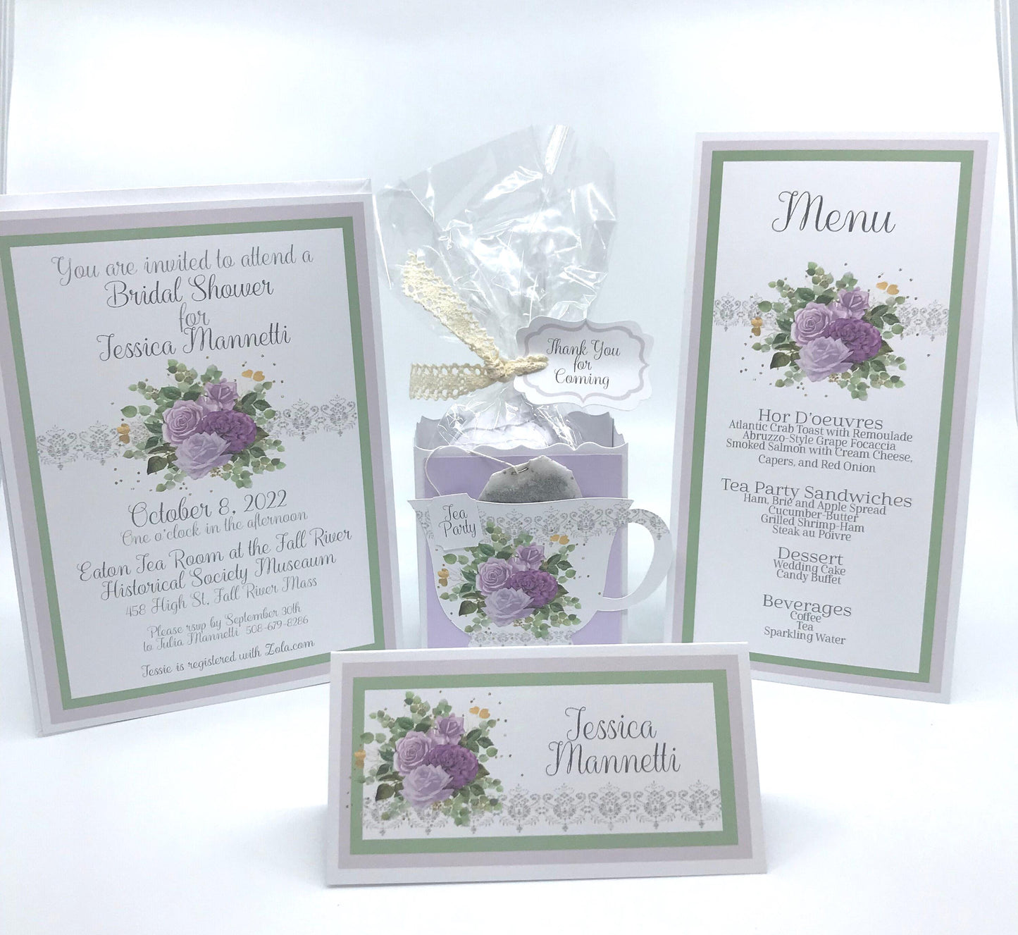Purple Rose Tea Party Ensemble: Invitation, Menu, Favor, Place Card