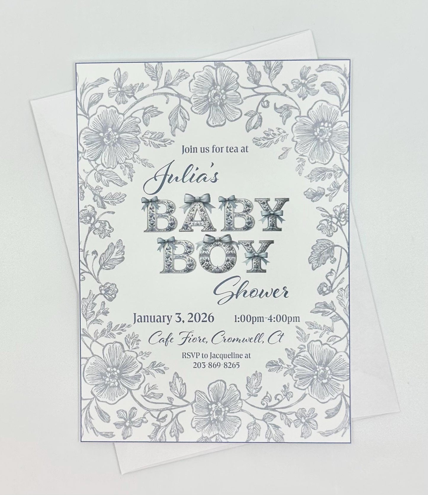 Chinoiserie Baby Boy Shower Invitation: Blue Toile Tea Party