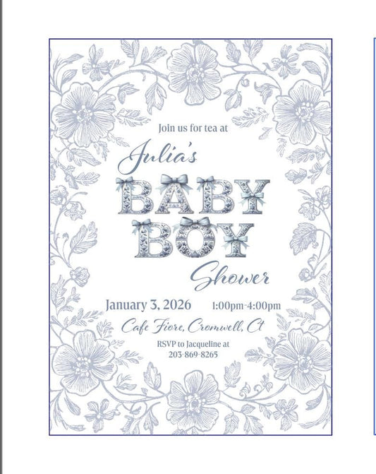 Chinoiserie Baby Boy Shower Invitation: Blue Toile Tea Party