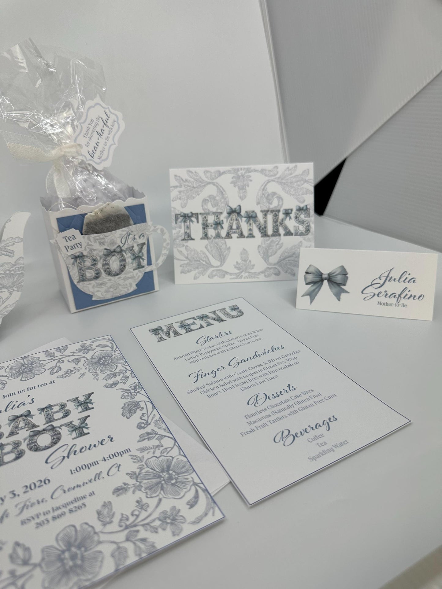 Blue Bow Place Cards: Tea Party, Baby Shower, Birthday