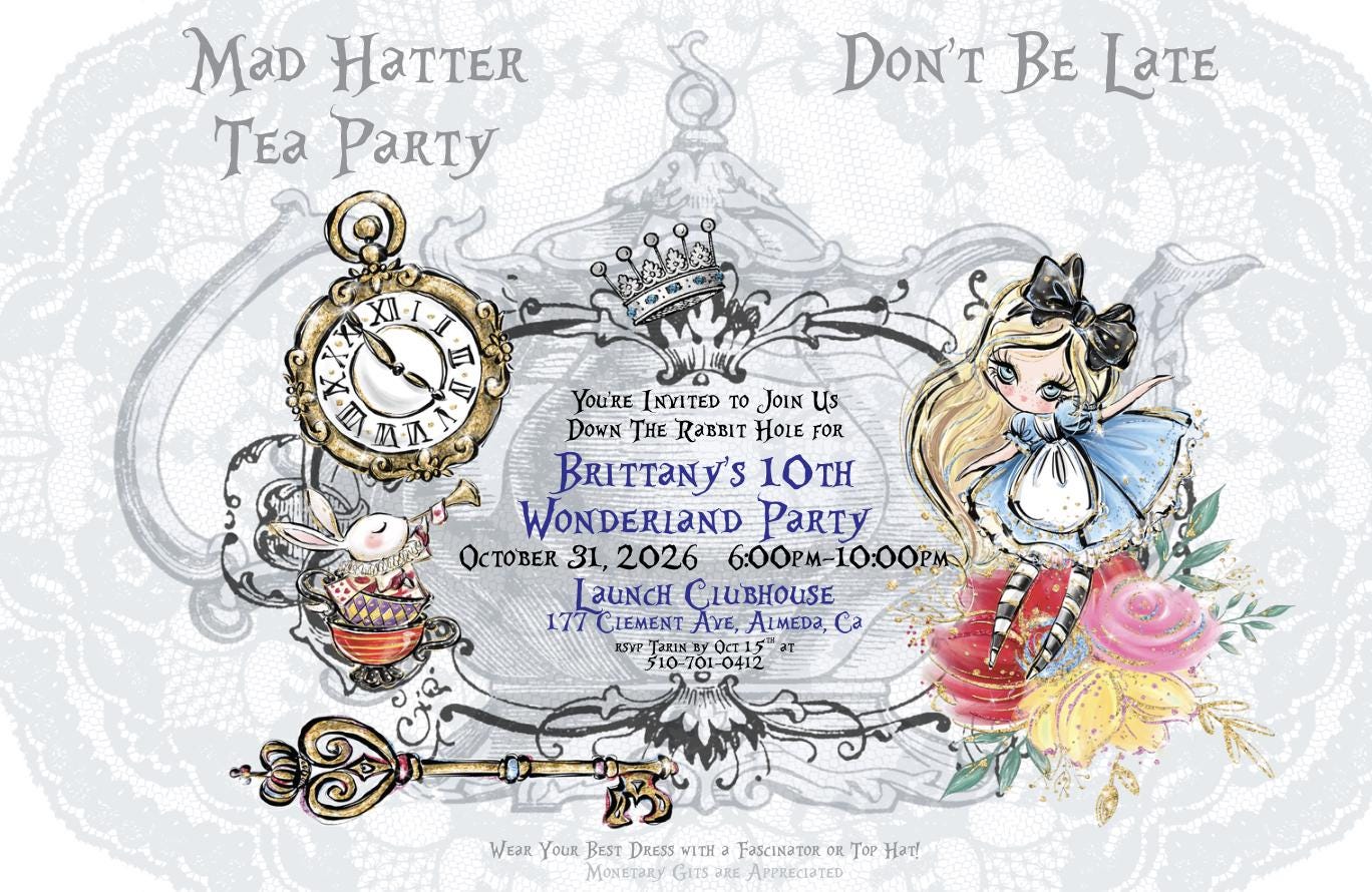 Alice in Wonderland Tea Party Invitation, Whimsical Mad Hatter Theme (Digital Editable Canva)