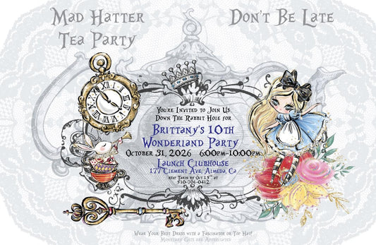 Alice in Wonderland Tea Party Invitation, Whimsical Mad Hatter Theme (Digital Editable Canva)