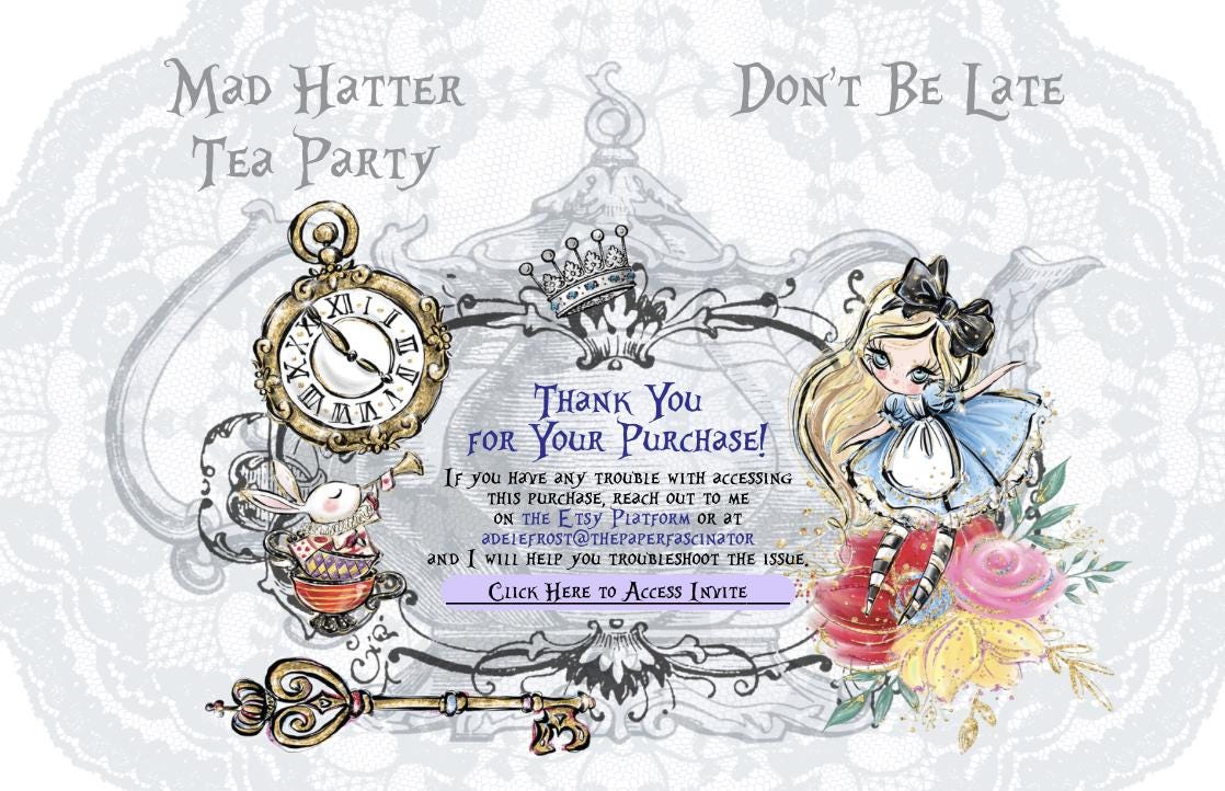 Alice in Wonderland Tea Party Invitation, Whimsical Mad Hatter Theme (Digital Editable Canva)